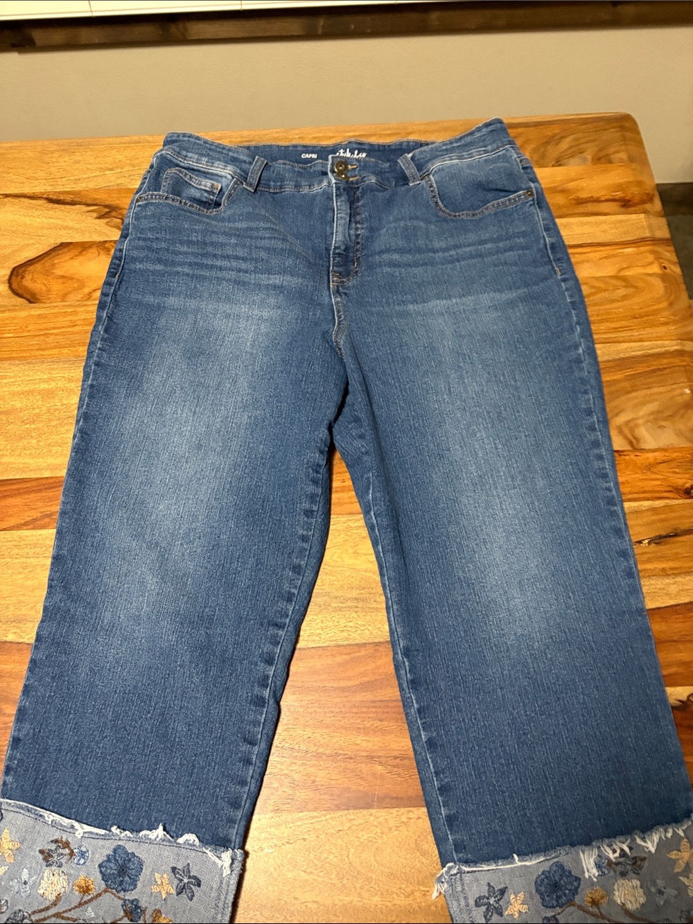 Style & Co. Medium Blue Cropped Jeans with Floral Embroidered Cuffs